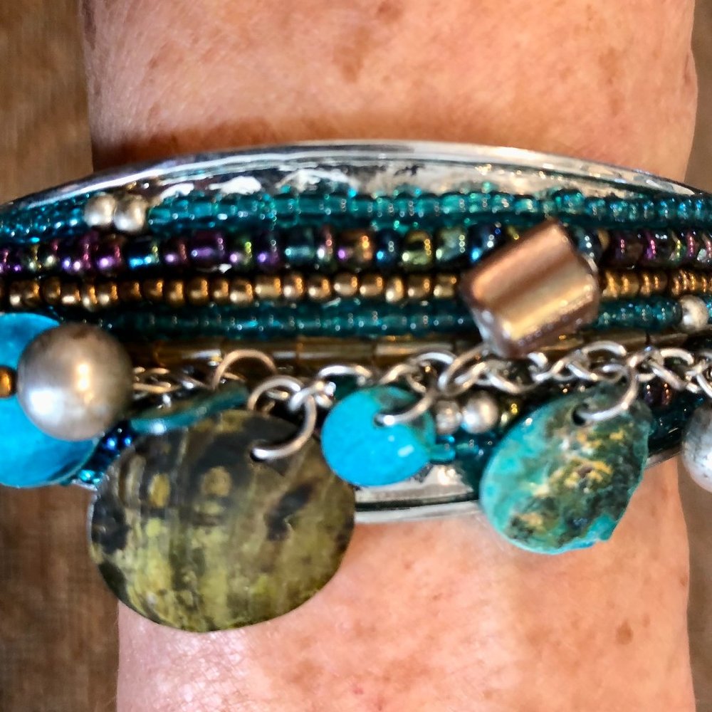 CUSTOM MADE Multi Strand Beaded Stones Disc Hinged Metal Band 9 inch Bracelet